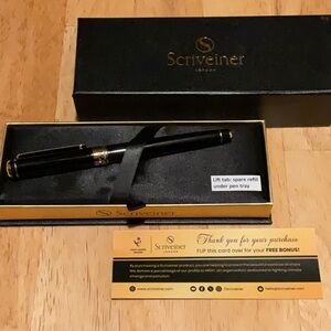 Scriveiner London Classic Black & Gold Luxury Rollerball Pen w/ spare refill New